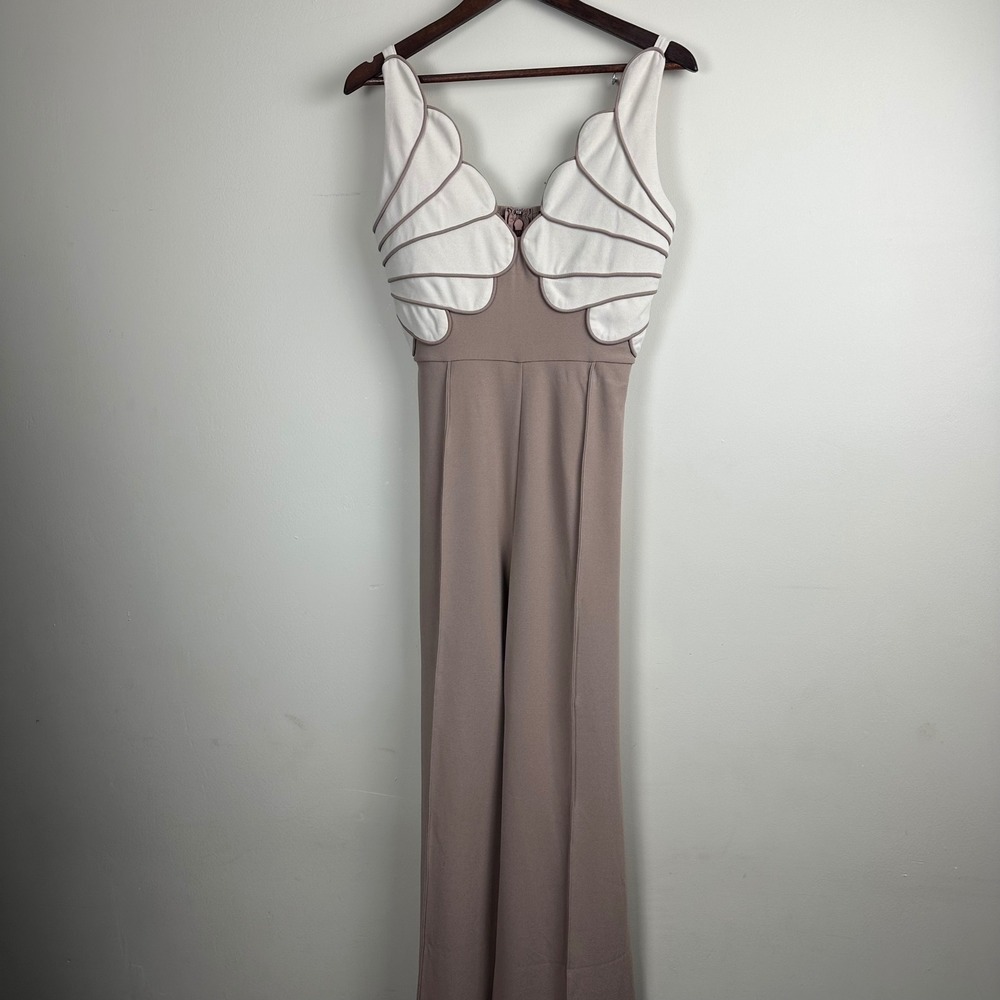 Valentine Jumpsuit L Taupe White Scalloped Ruffle Wide Leg Sleeveless Romper
